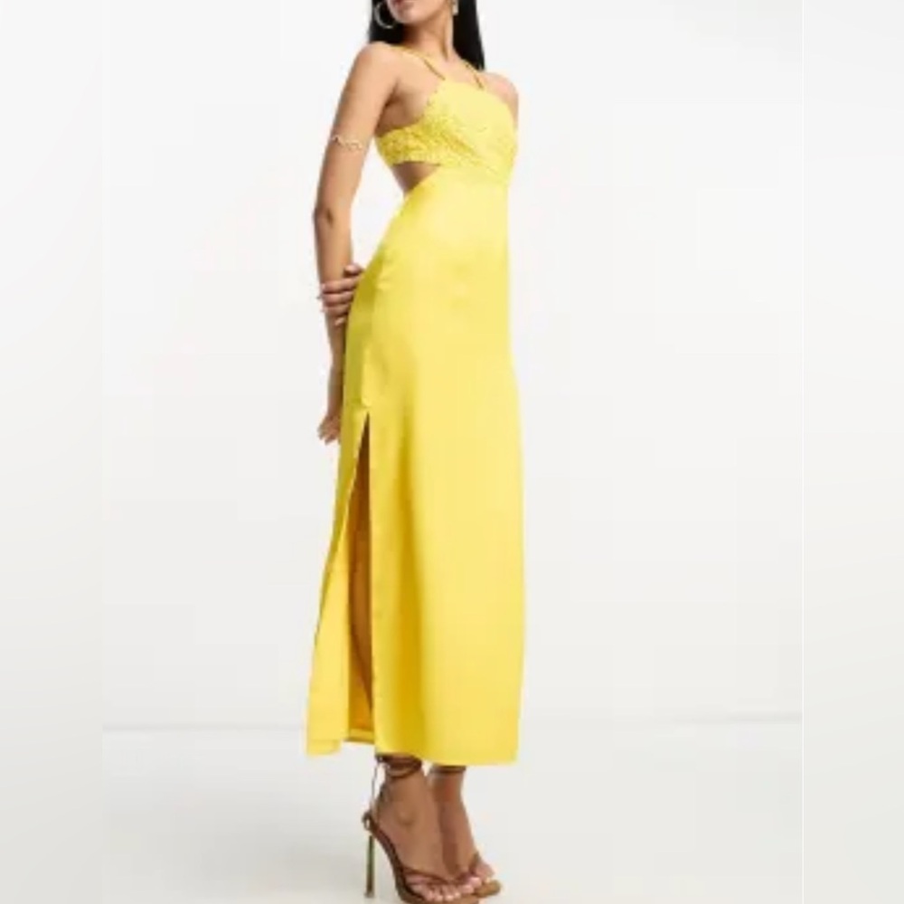 ASOS DESIGN Embroidered Bodice Satin Bias Midi Dress